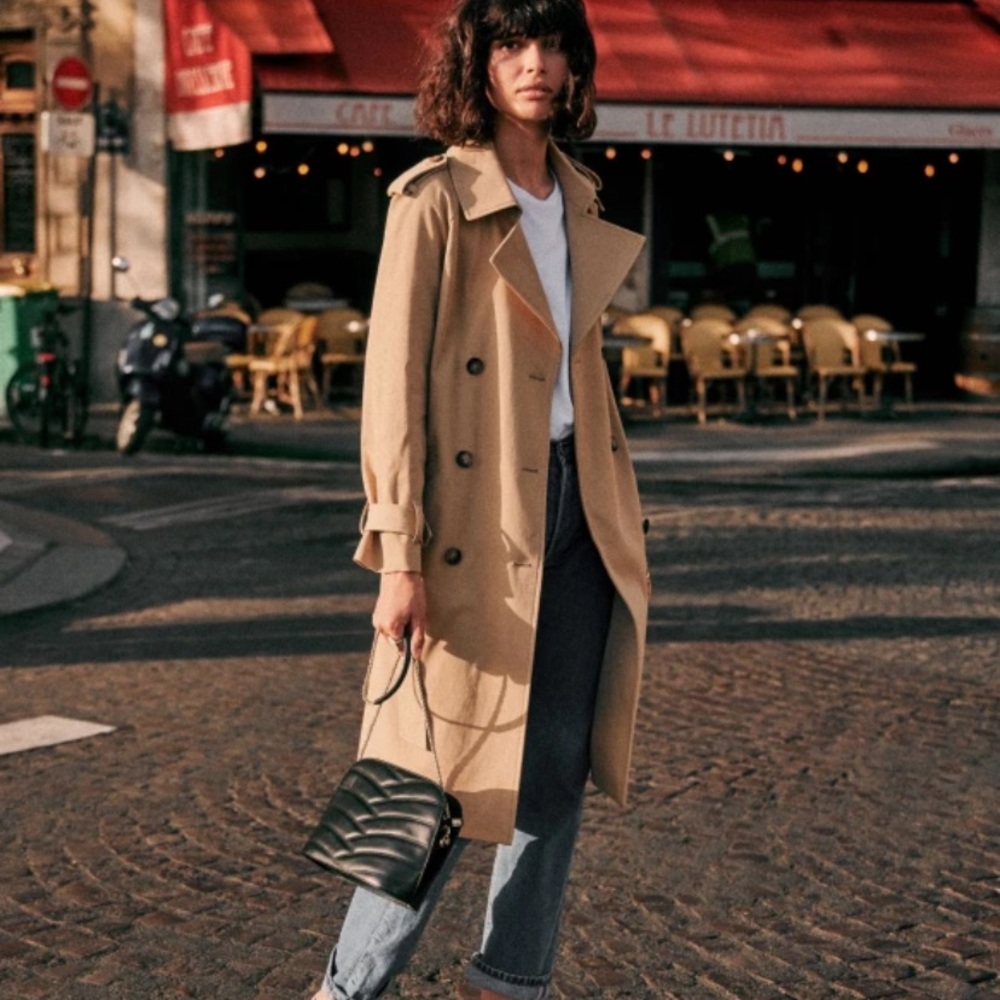 Sezane Scott Trench Coat, sz 34, color Camel